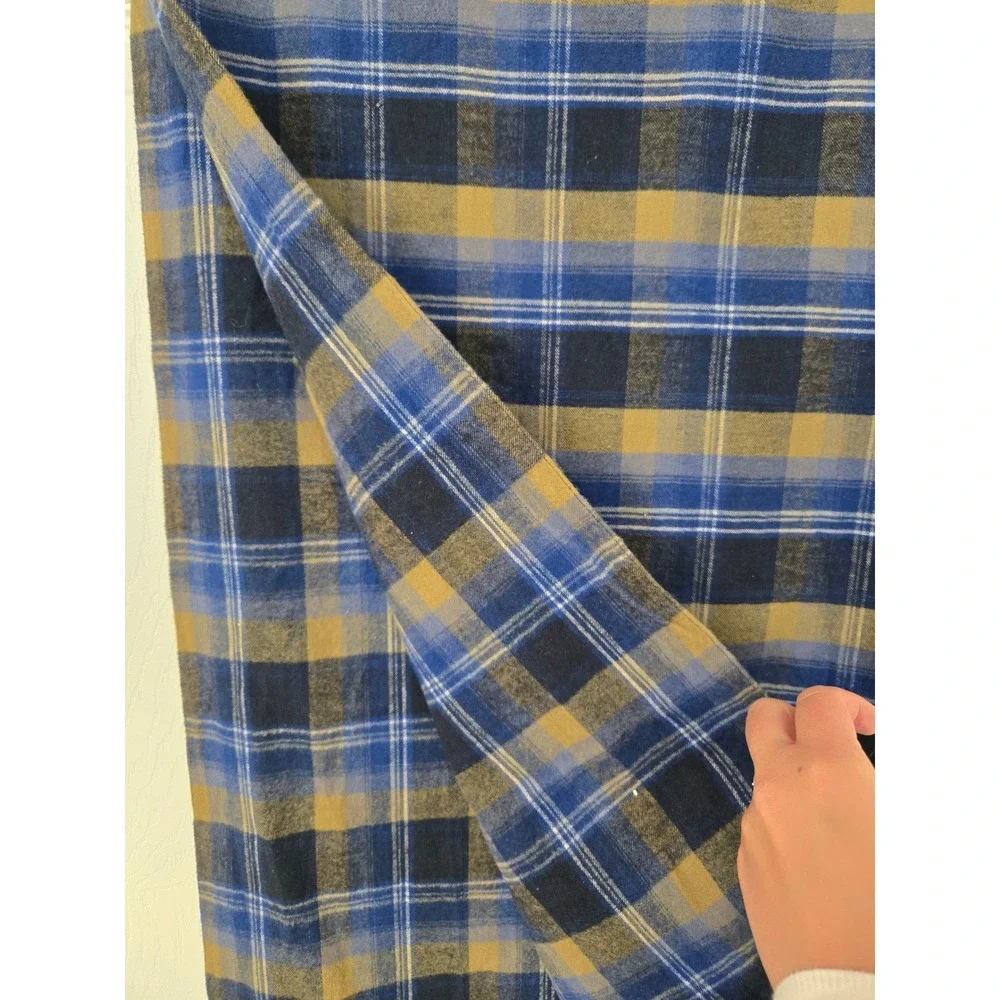 Gap Plaid Scarf Navy Blue Mustard Yellow 100% Cotton Frayed Rectangular Wrap